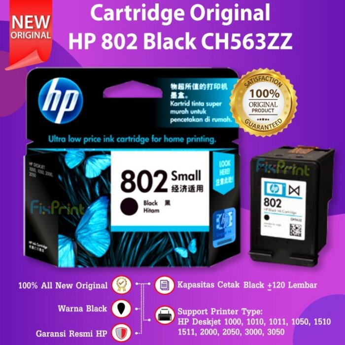 Tinta Printer Hp Ink Original 802 Black Cartridge Siplah