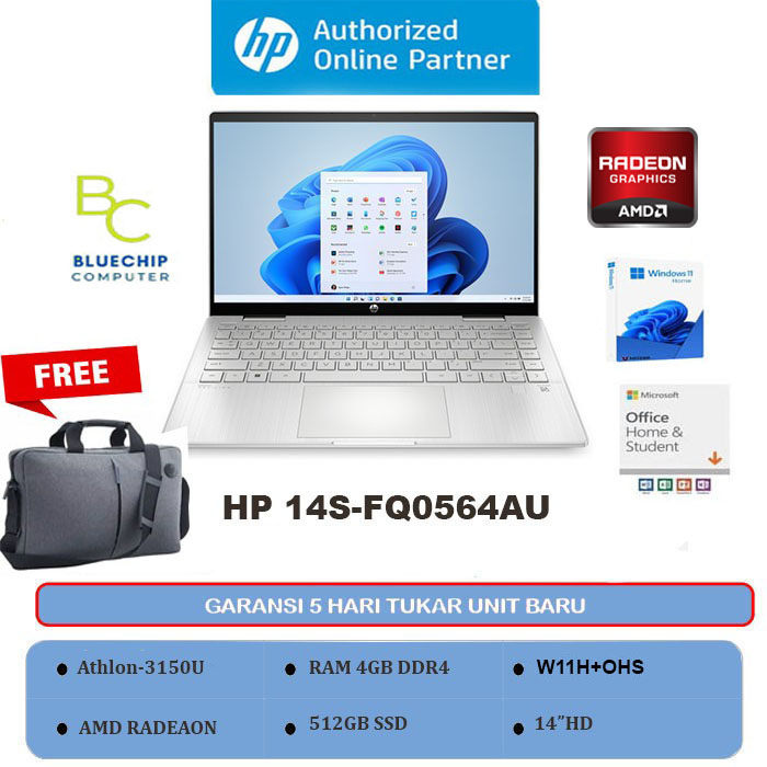 Laptop Hp 14s Fq0564au Athlon 3150u 4gb 512gb 14hd Win 11 Homeohs Siplah 6783