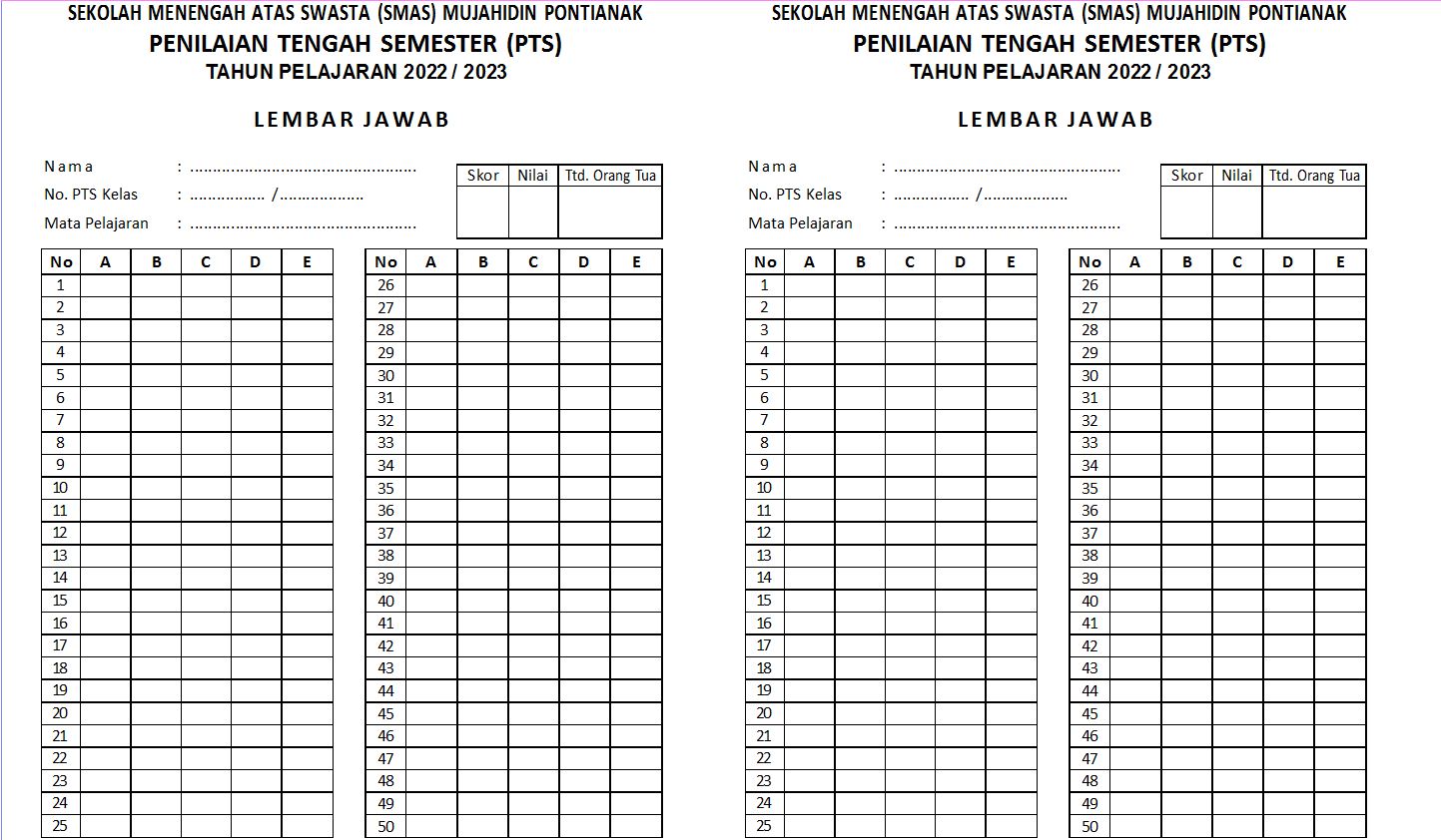 Lembar Jawab Penilaian Tengah Semester Pts Siplah