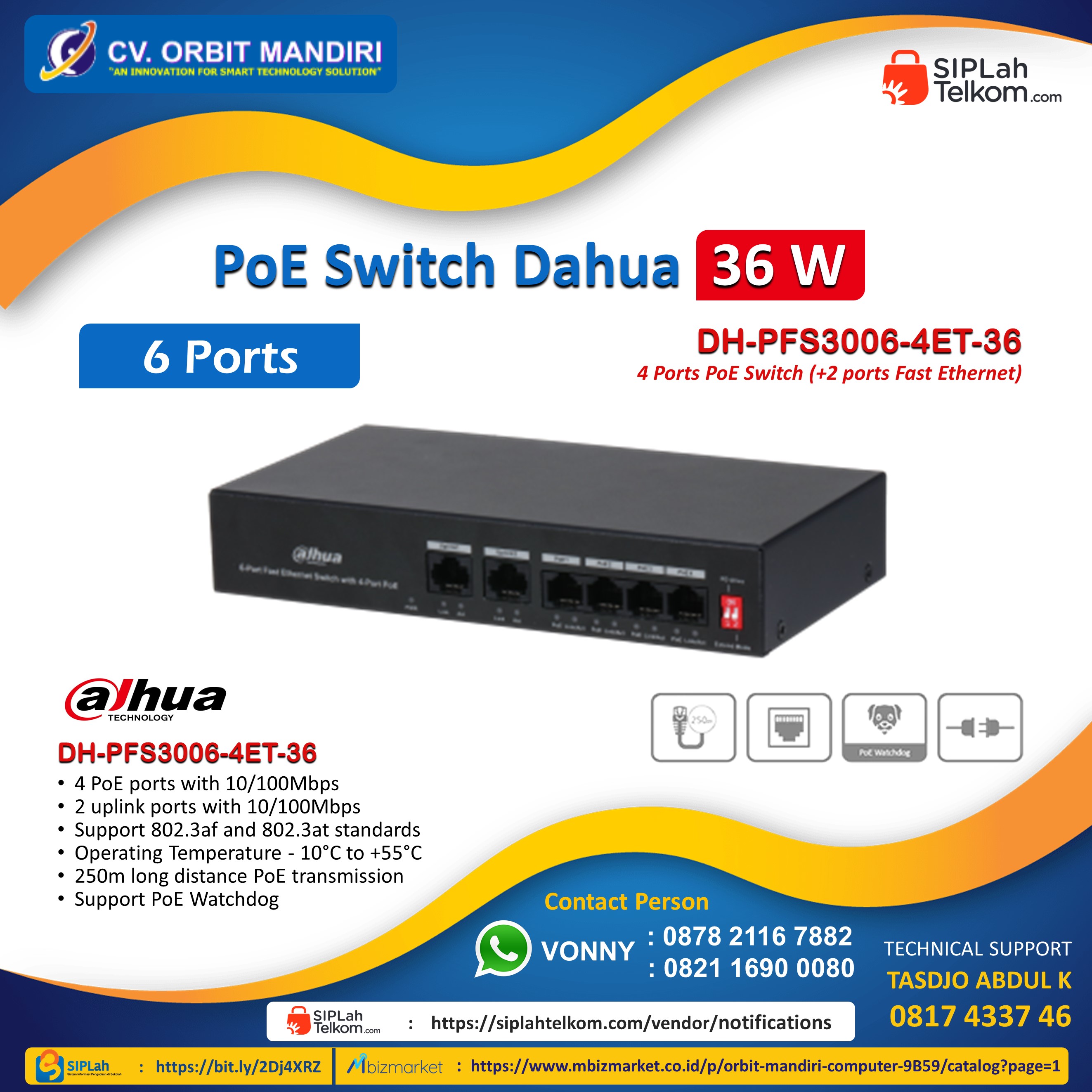 PoE Switch Dahua DH-PFS3006-4ET-36 6 Ports 36 W | SIPLah