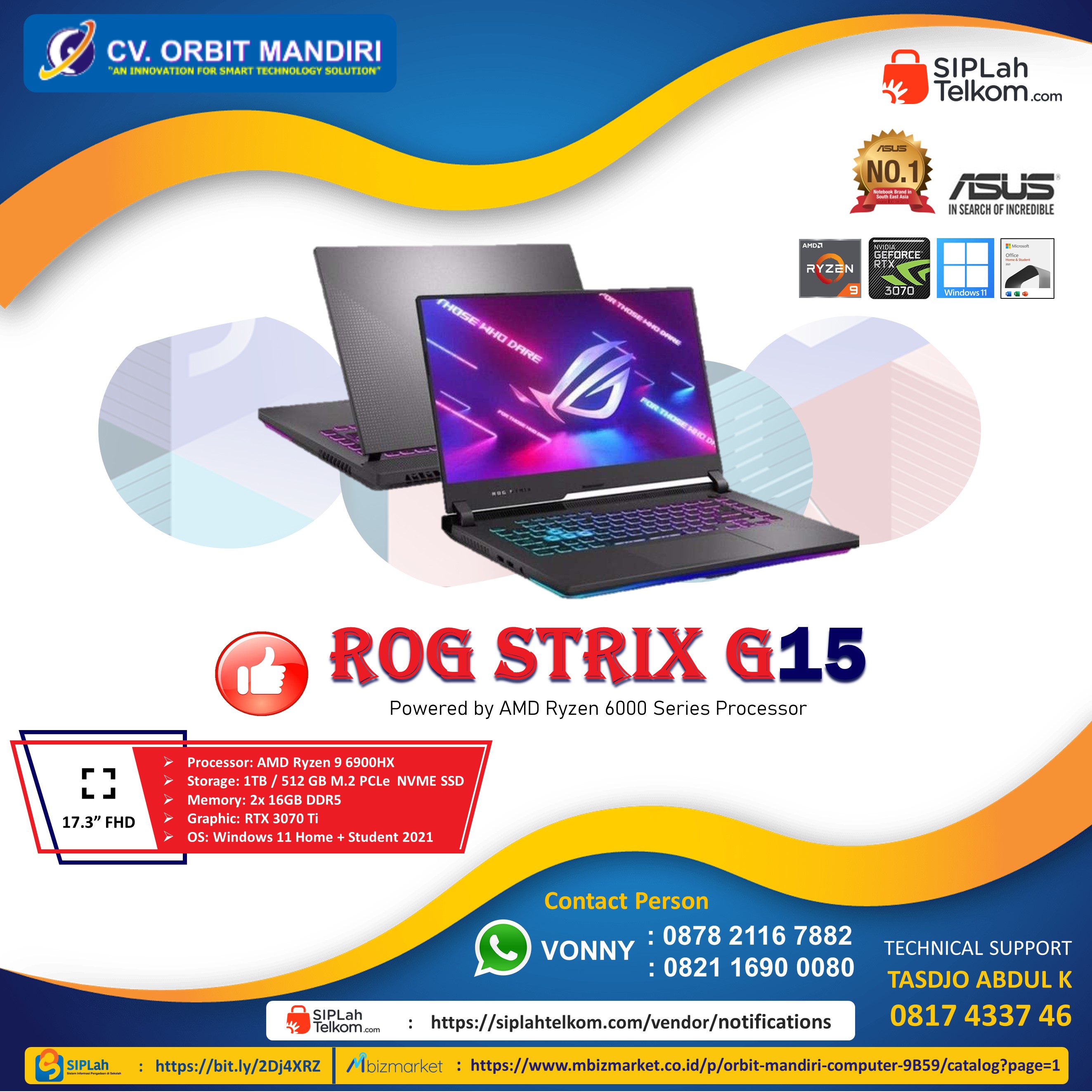 ASUS ROG STRIX G15 RYZEN 9-6900HX 32GB 1TB RTX3070 Ti - 8GB GDDR6 | SIPLah