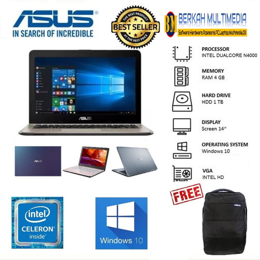 ASUS VIVOBOOK MAX X441MA DUALCORE N4000 4GB 1TB 14" WIN10 RESMI MURAH